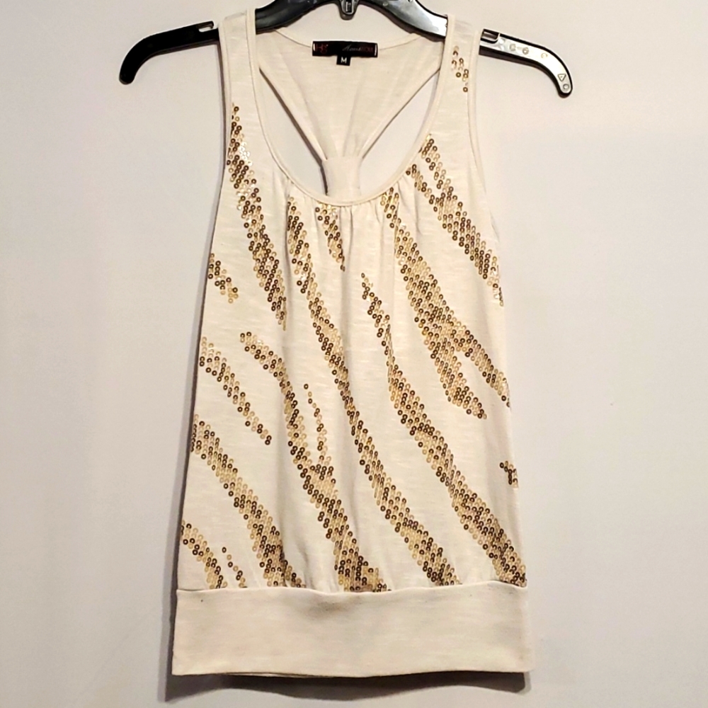 Heart Soul, size M white w copper brown & gold sequins